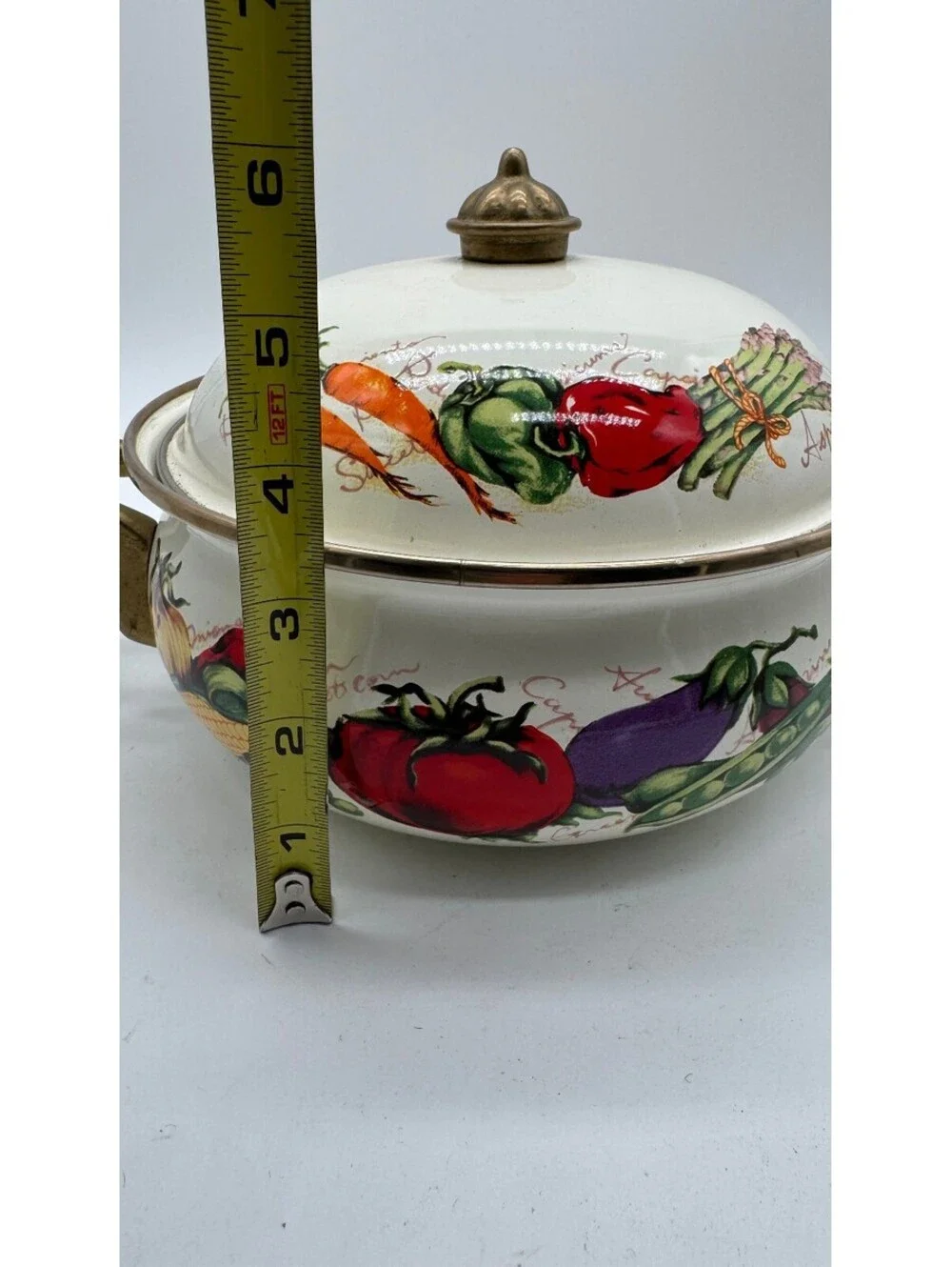 Vintage Ceramic Covered Casserole Tureen Vegetable Design Brass Tone Handles